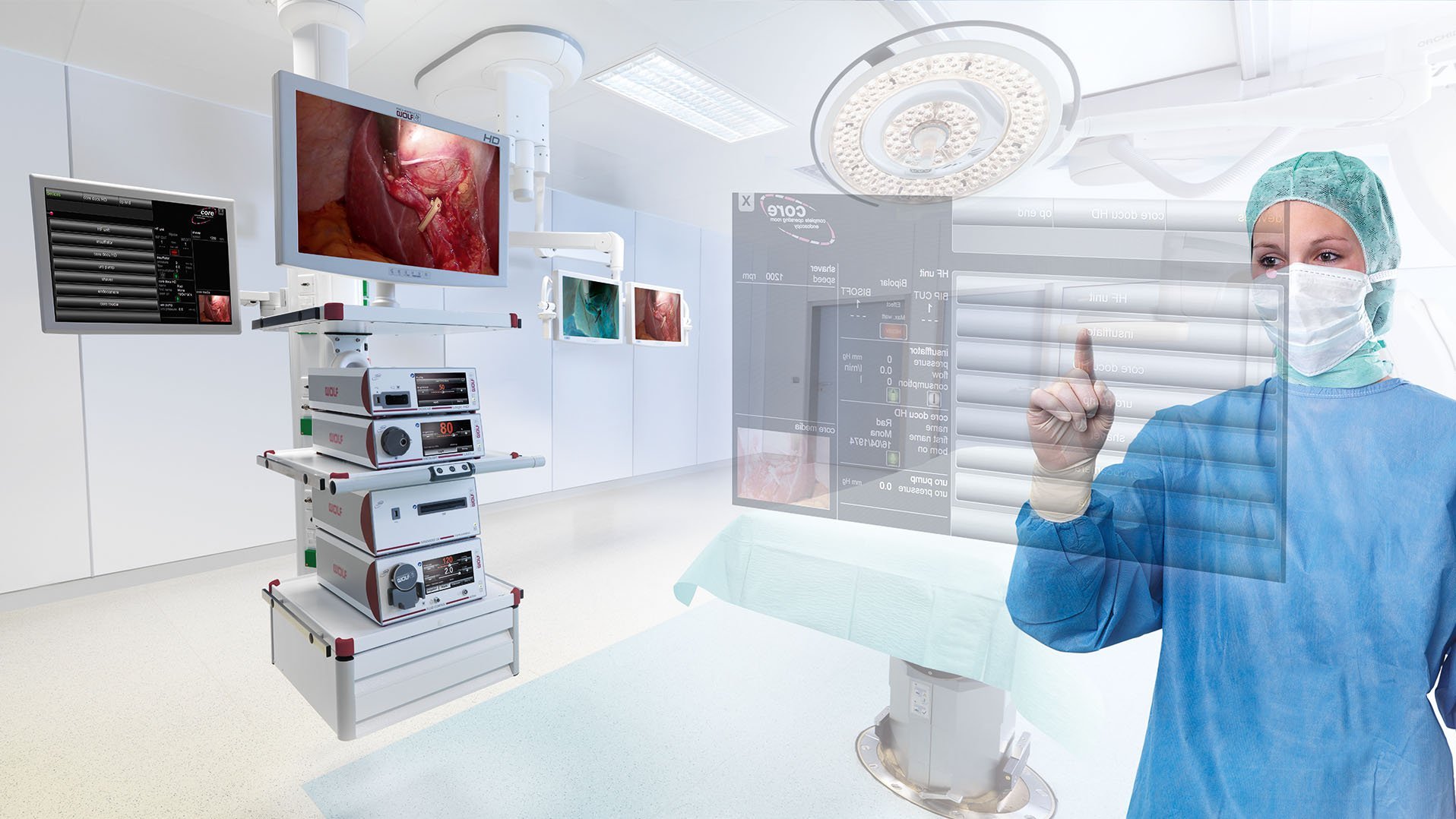 RIWOspine digital OR integration – endoscopic system with surgeon in high-tech operating room
