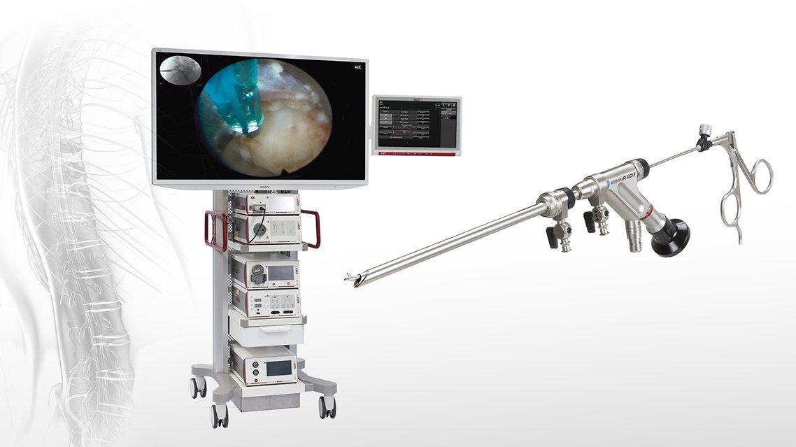 RIWOspine equipment unit with endoscopic tower, monitor and spine surgery instruments